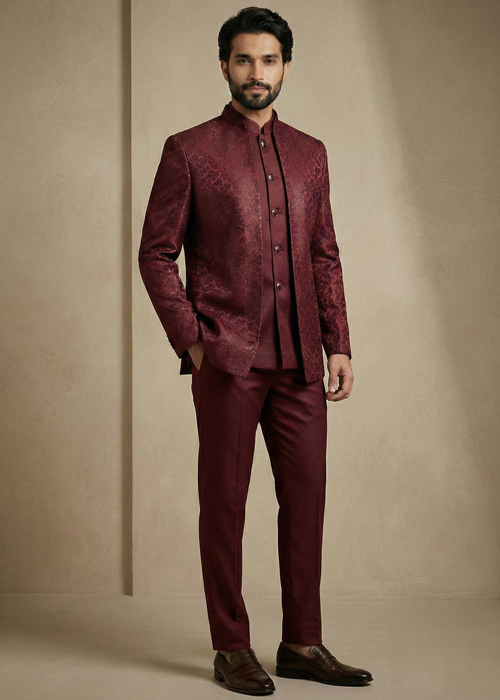 Dark Maroon Jacquard Three-Piece Indo-Western Suit