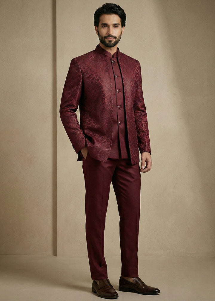 Dark Maroon Jacquard Three-Piece Indo-Western Suit