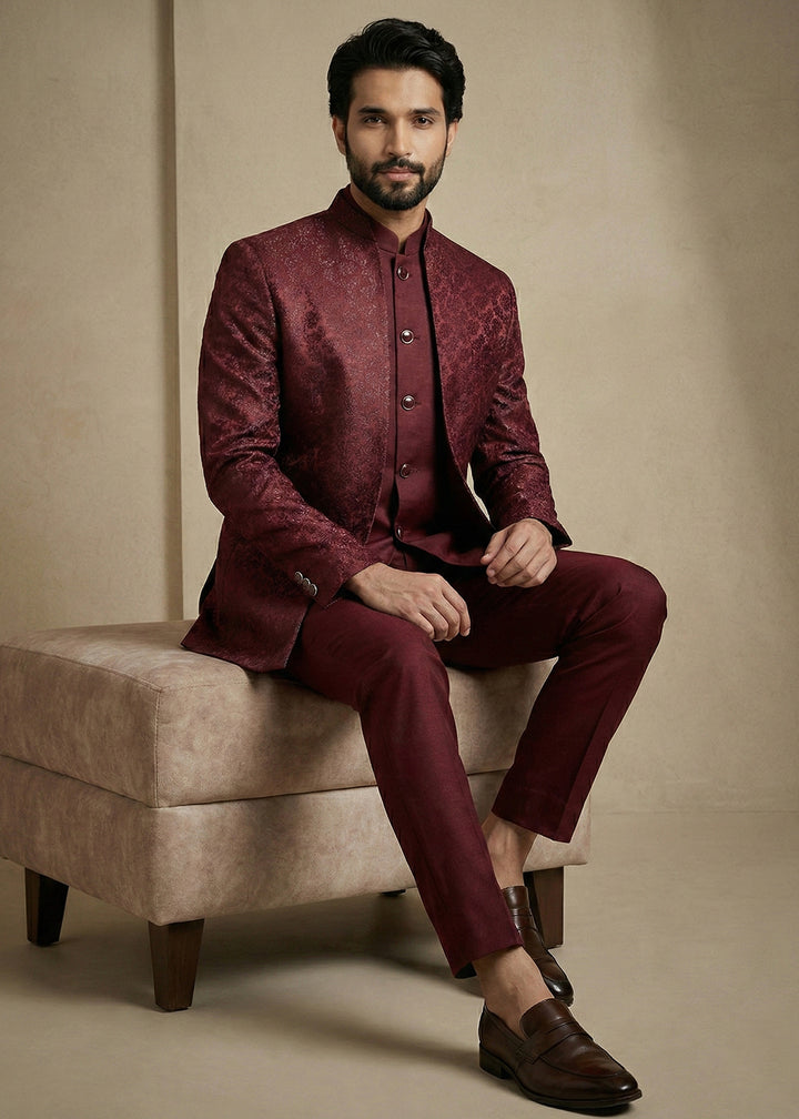 Dark Maroon Jacquard Three-Piece Indo-Western Suit