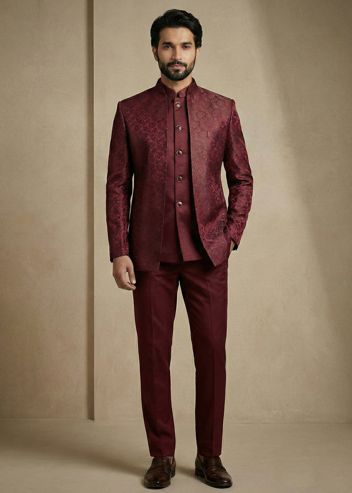 Dark Maroon Jacquard Three-Piece Indo-Western Suit