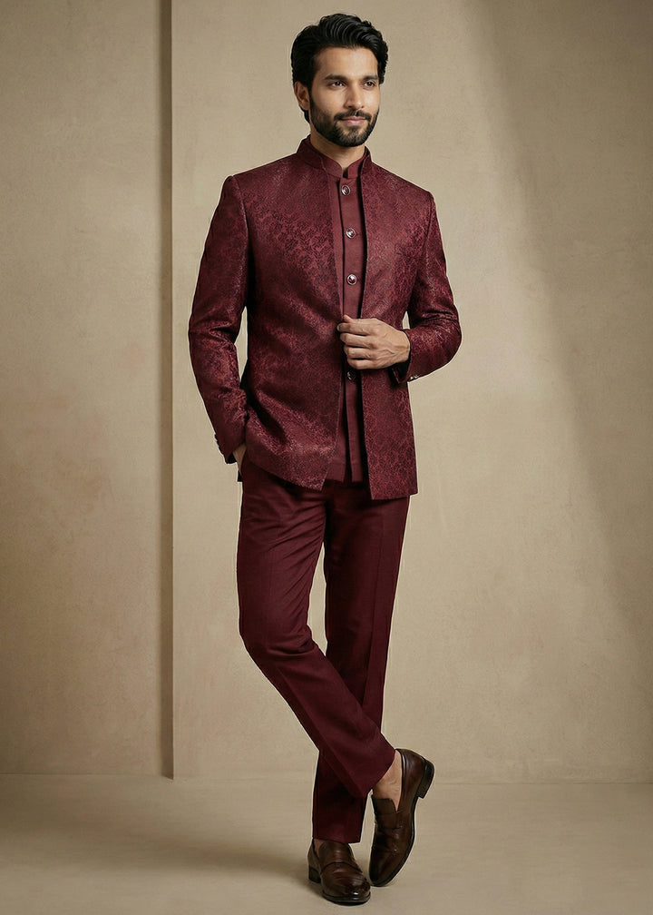 Dark Maroon Jacquard Three-Piece Indo-Western Suit