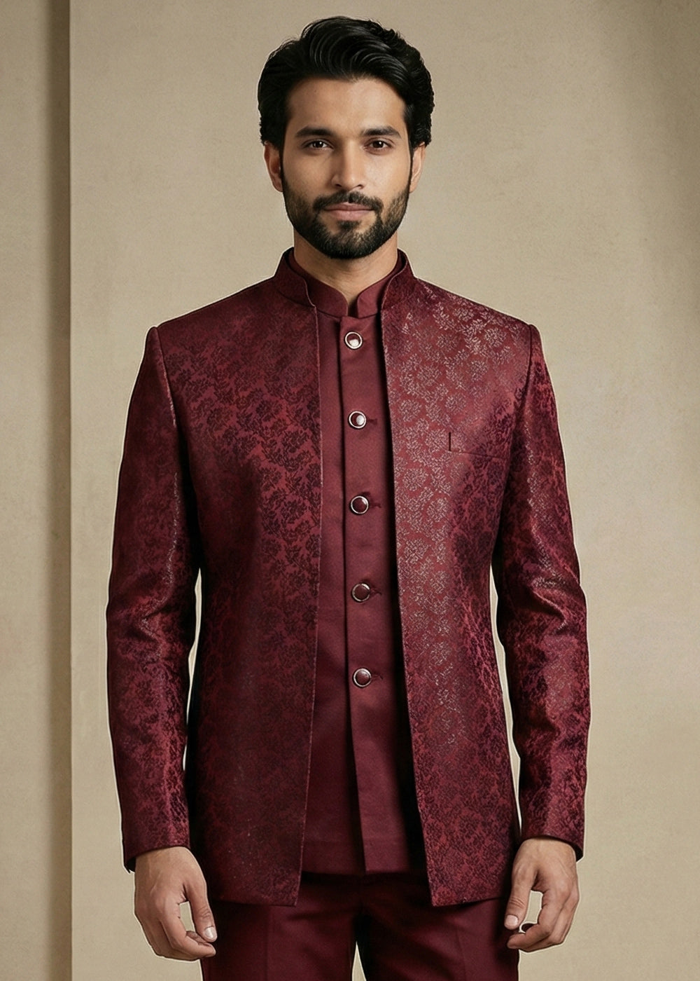 Dark Maroon Jacquard Three-Piece Indo-Western Suit