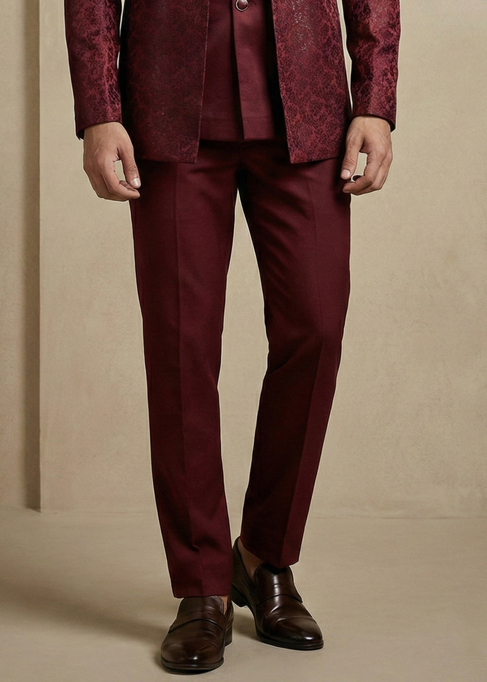 Dark Maroon Jacquard Three-Piece Indo-Western Suit