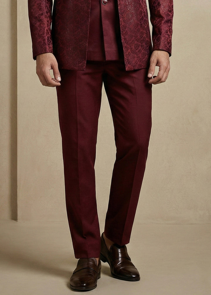 Dark Maroon Jacquard Three-Piece Indo-Western Suit