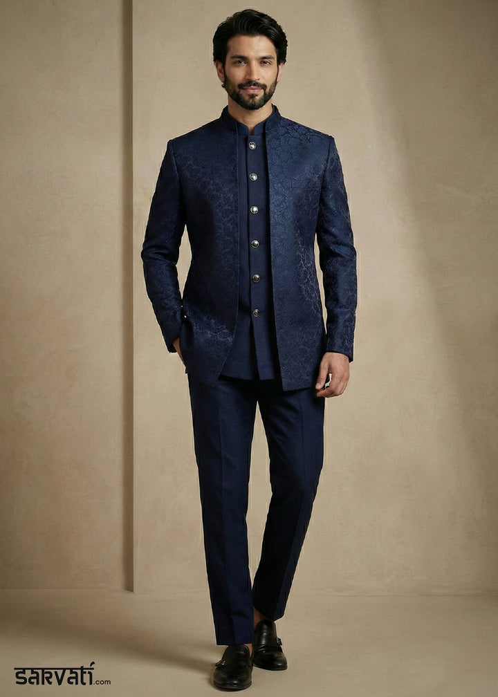 Navy Blue Donier Jacquard Three-Piece Indo-Western Suit