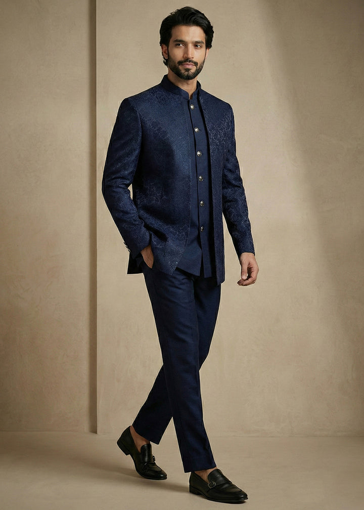 Navy Blue Donier Jacquard Three-Piece Indo-Western Suit
