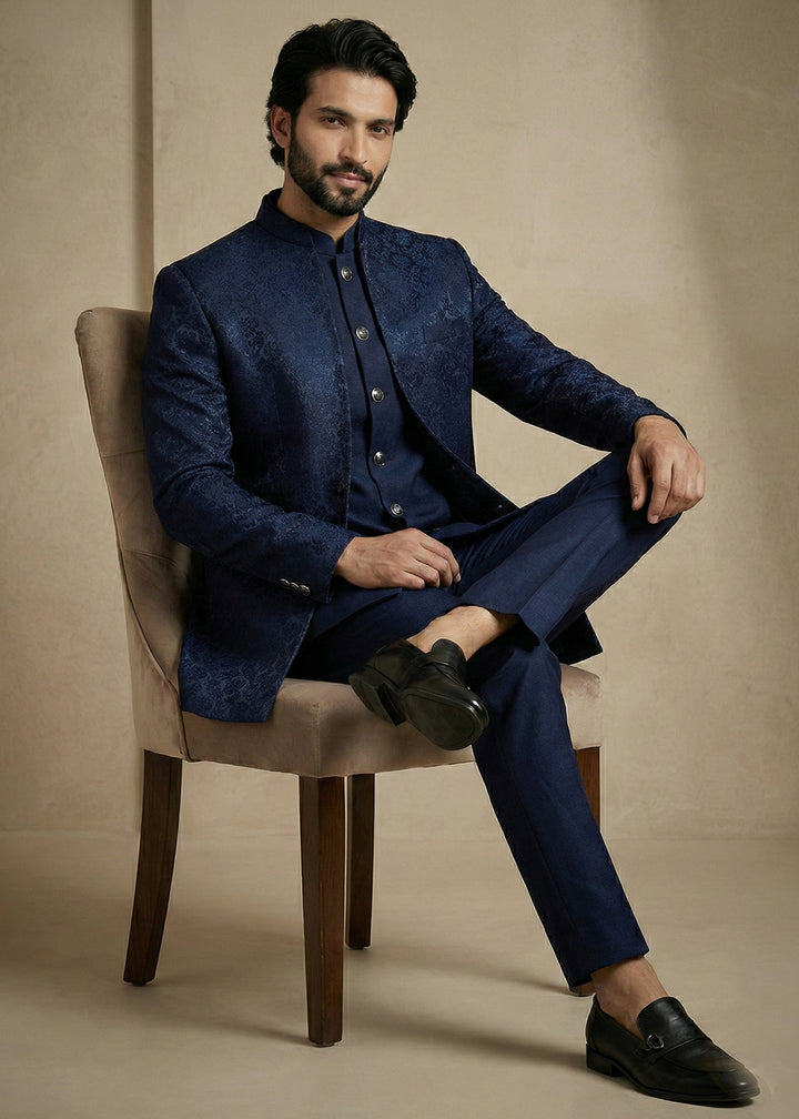 Navy Blue Donier Jacquard Three-Piece Indo-Western Suit