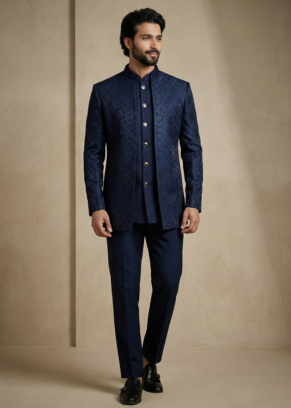 Navy Blue Donier Jacquard Three-Piece Indo-Western Suit
