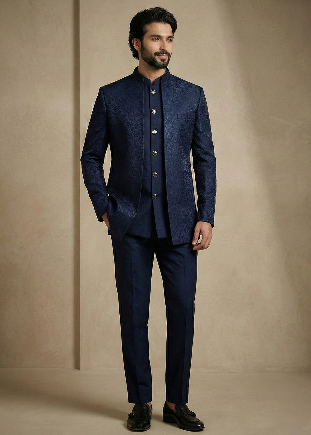 Navy Blue Donier Jacquard Three-Piece Indo-Western Suit