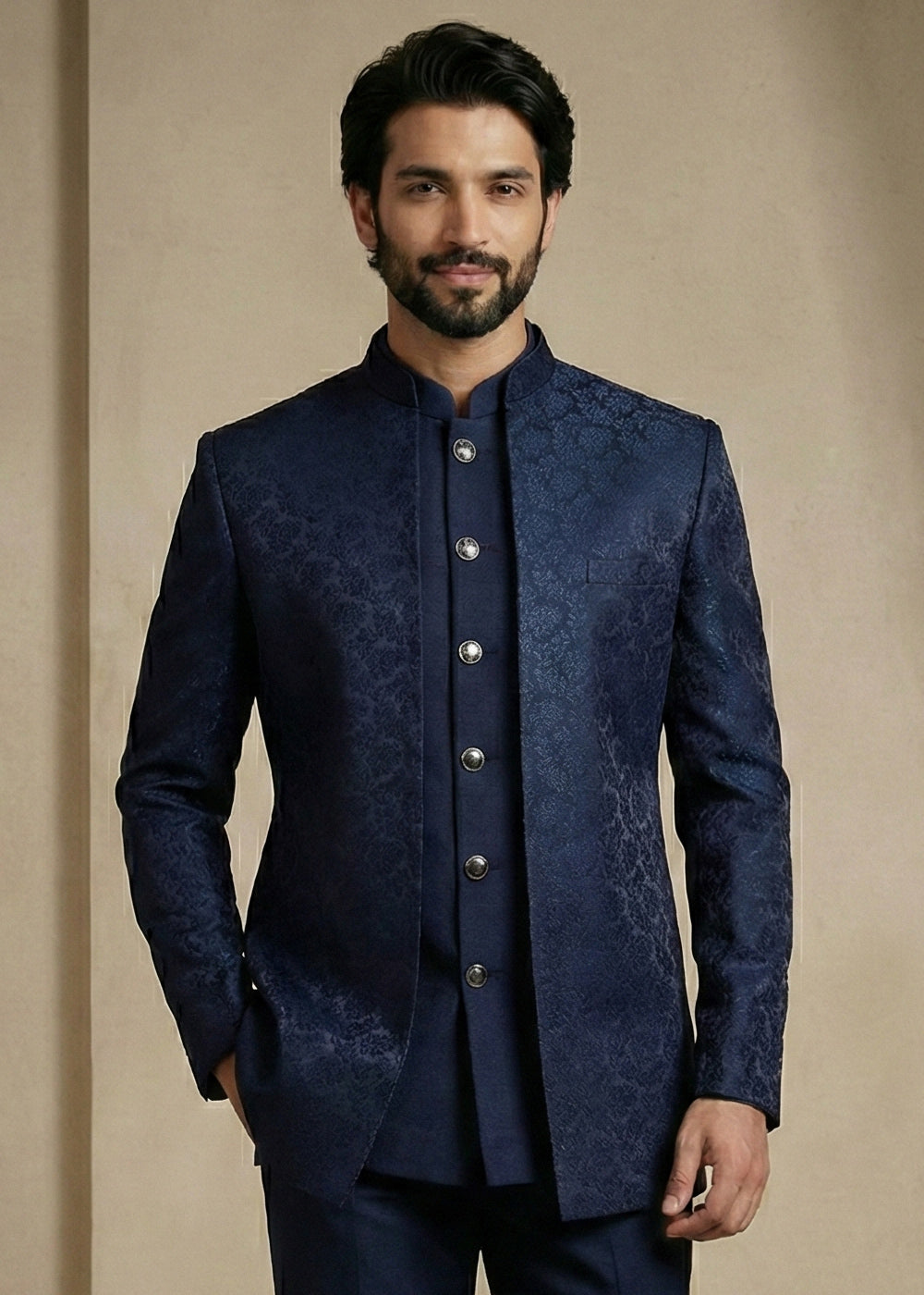 Navy Blue Donier Jacquard Three-Piece Indo-Western Suit