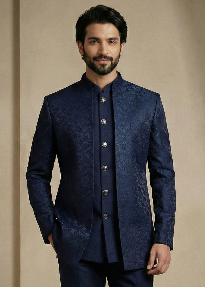 Navy Blue Donier Jacquard Three-Piece Indo-Western Suit