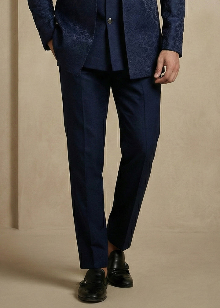 Navy Blue Donier Jacquard Three-Piece Indo-Western Suit