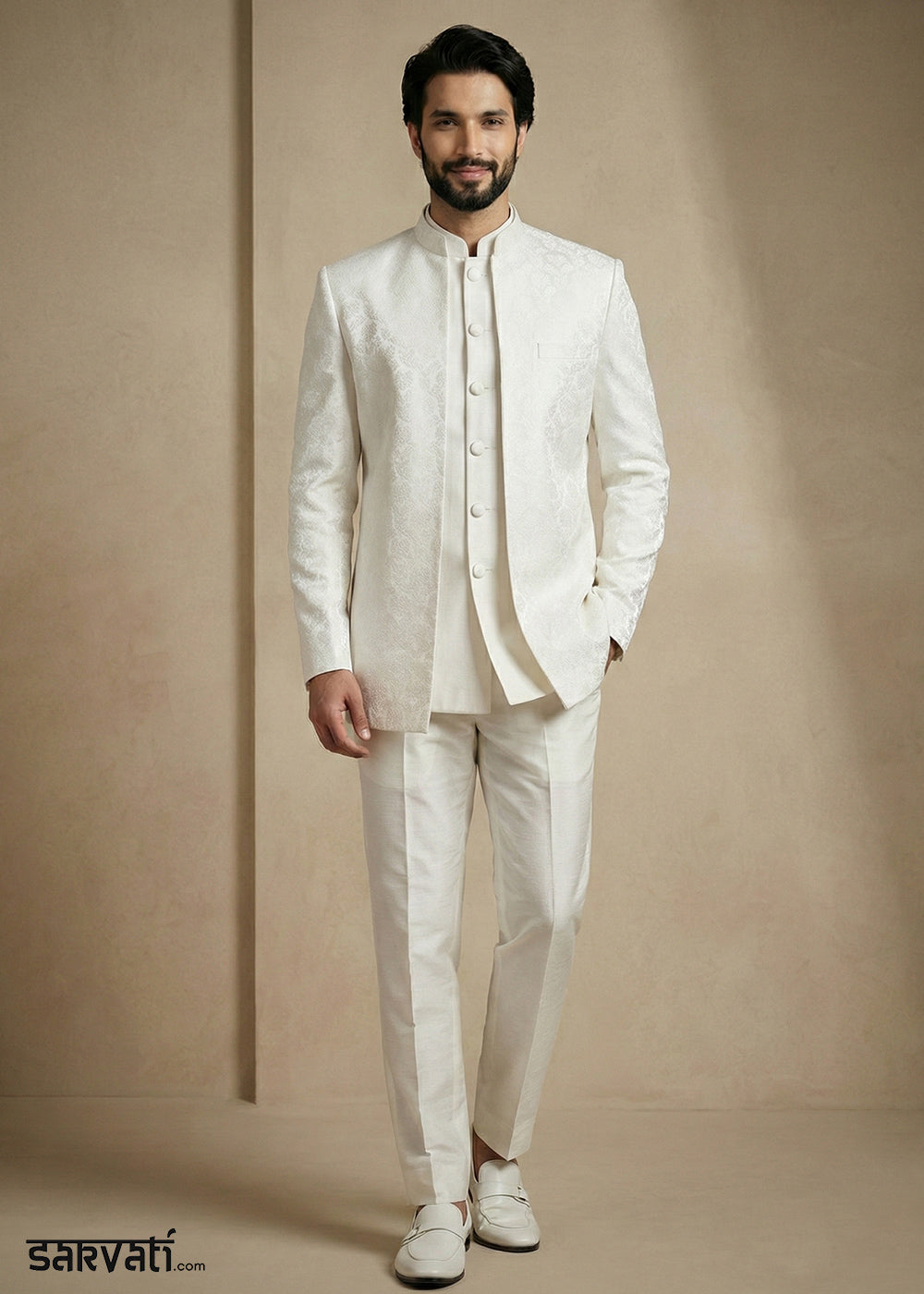 White Donier Jacquard Three-Piece Indo-Western Suit