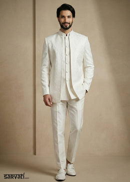 White Donier Jacquard Three-Piece Indo-Western Suit