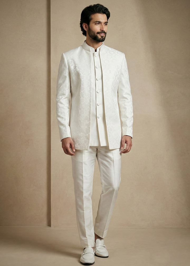 White Donier Jacquard Three-Piece Indo-Western Suit