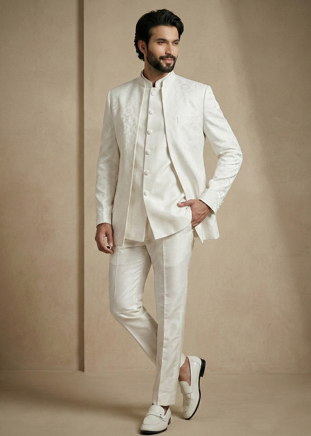 White Donier Jacquard Three-Piece Indo-Western Suit