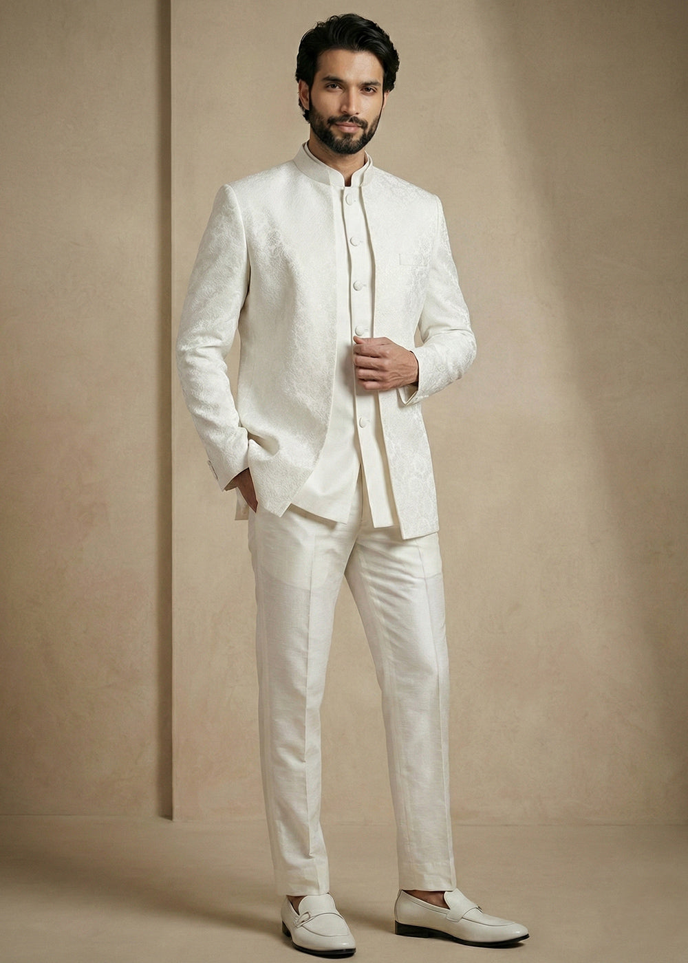 White Donier Jacquard Three-Piece Indo-Western Suit
