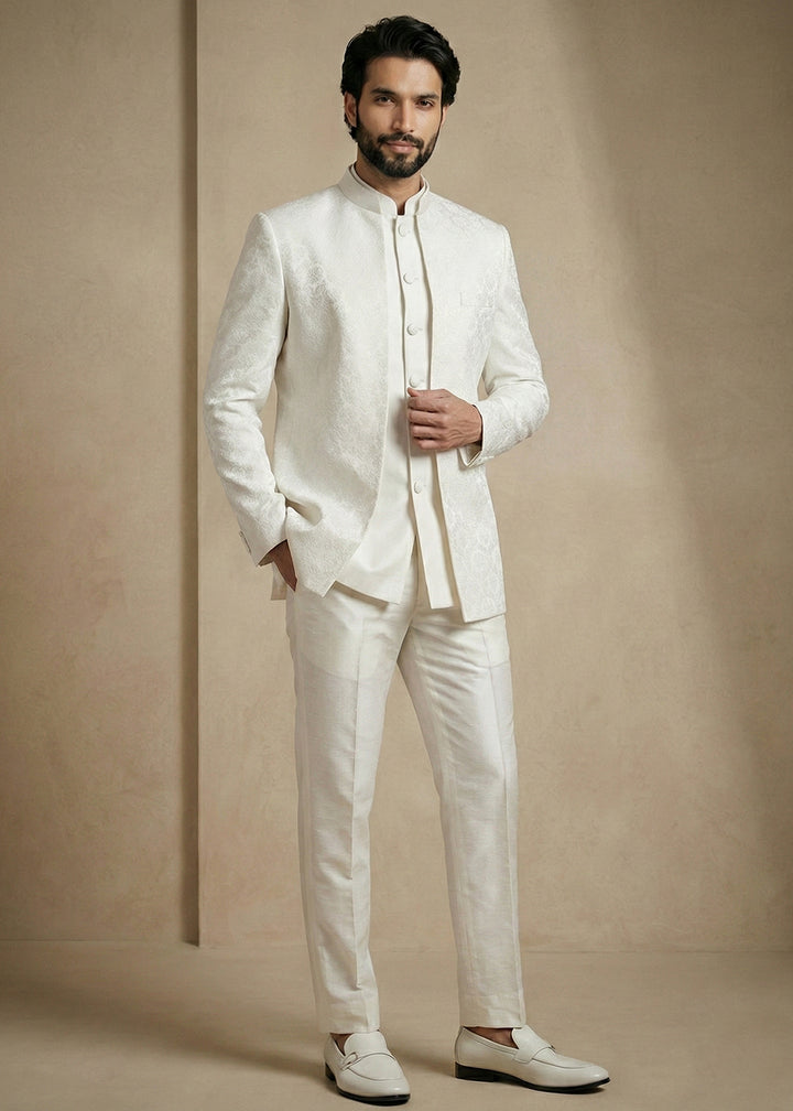 White Donier Jacquard Three-Piece Indo-Western Suit
