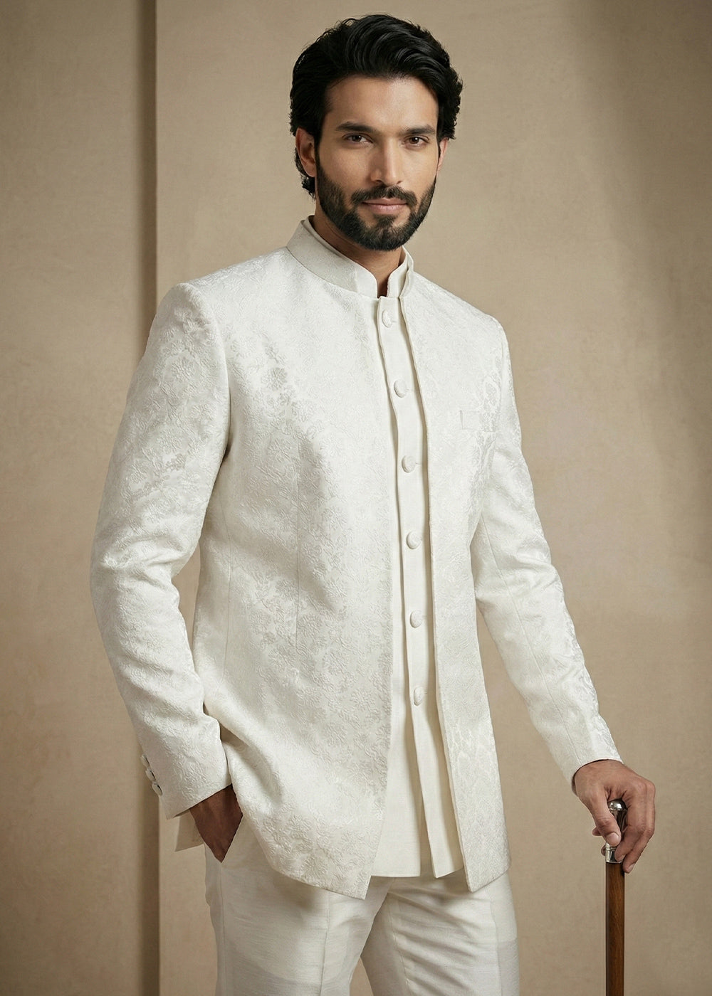 White Donier Jacquard Three-Piece Indo-Western Suit