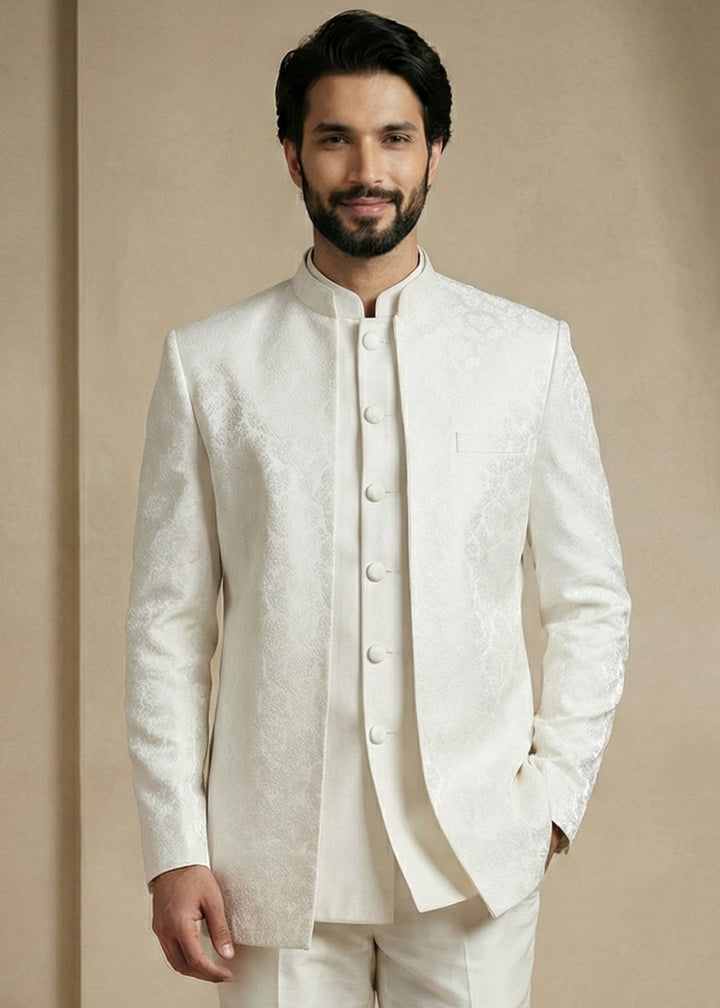 White Donier Jacquard Three-Piece Indo-Western Suit