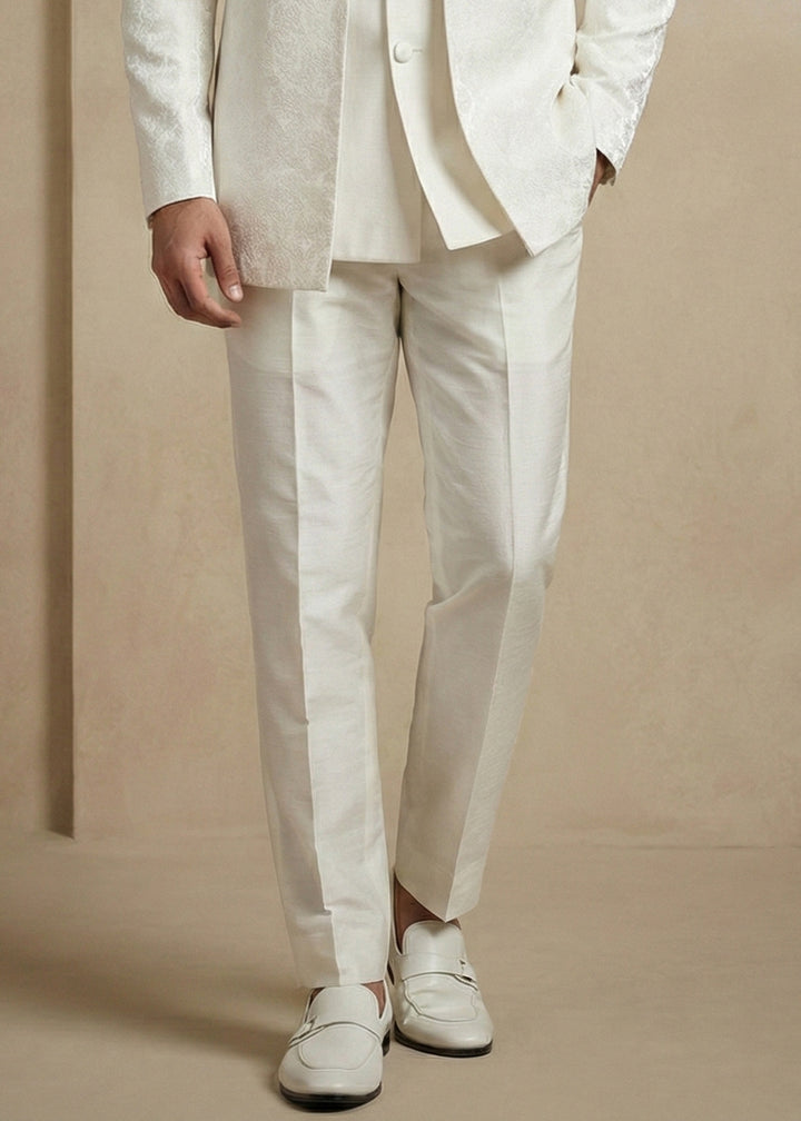 White Donier Jacquard Three-Piece Indo-Western Suit