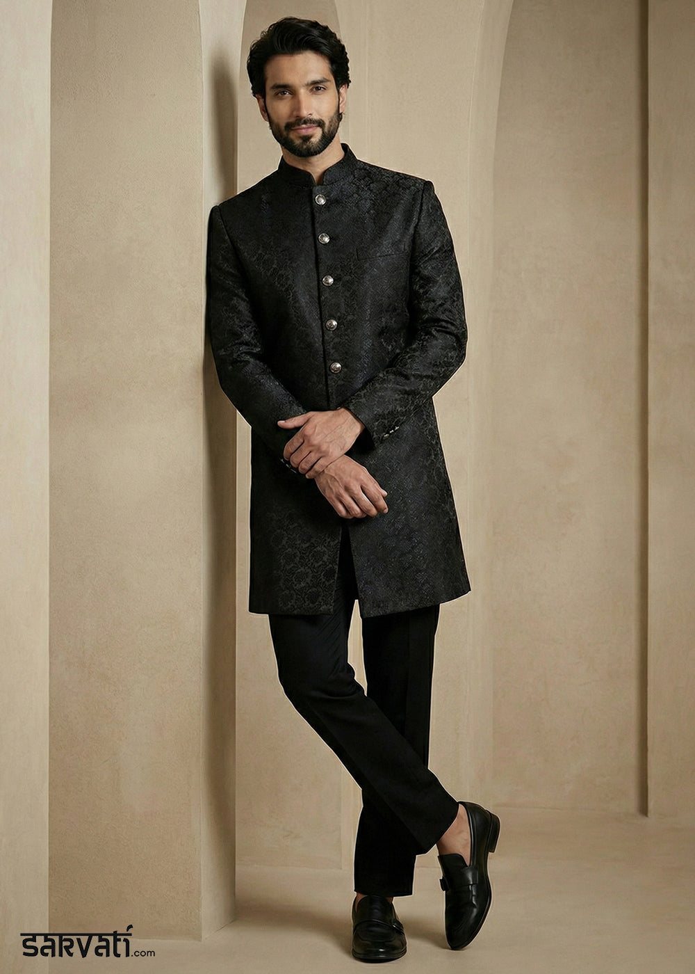 Black Donier Jacquard Men's Indo-Western Suit with Trousers