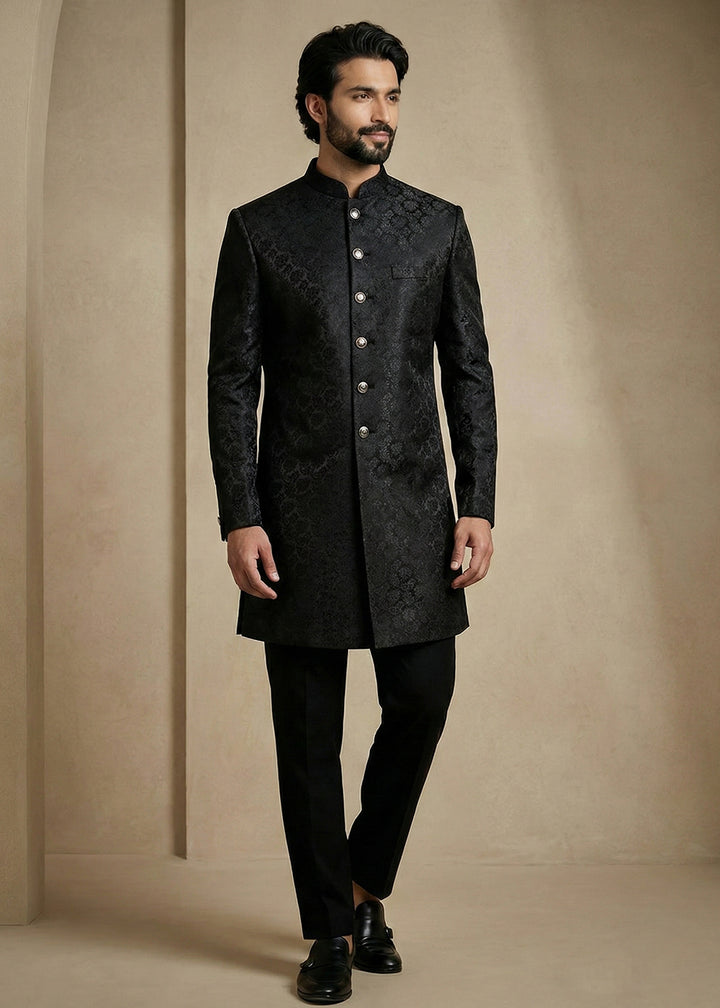 Black Donier Jacquard Men's Indo-Western Suit with Trousers