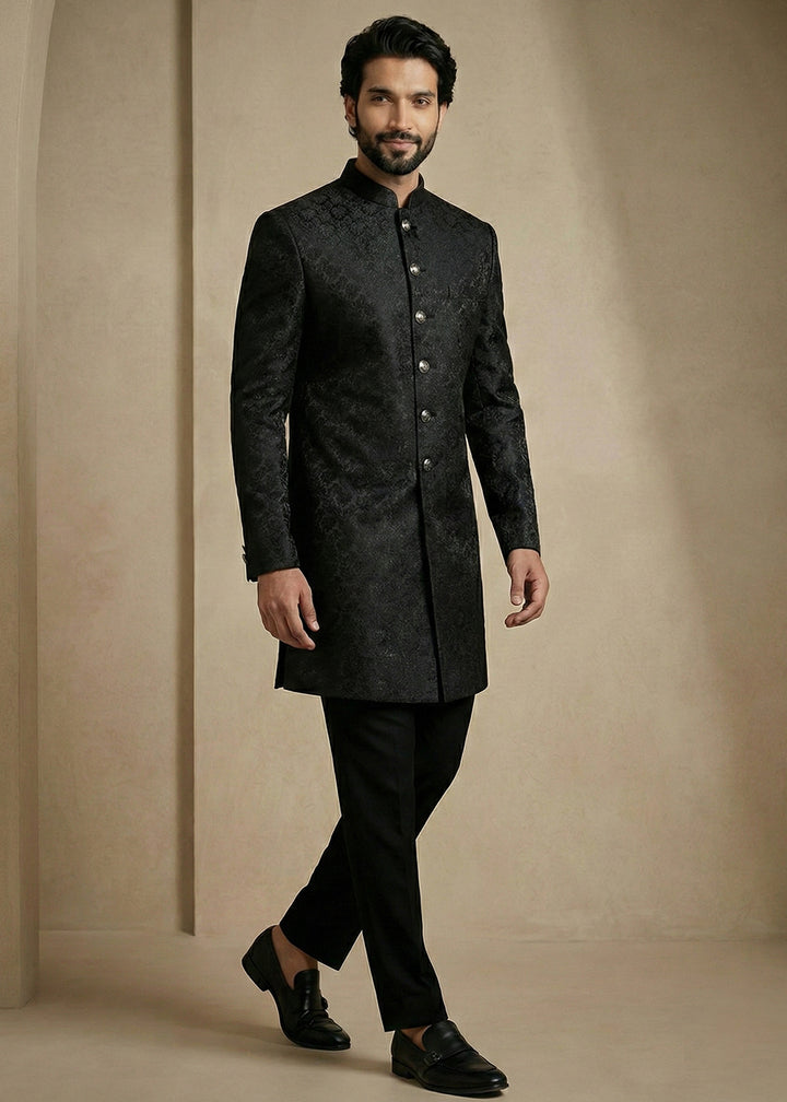 Black Donier Jacquard Men's Indo-Western Suit with Trousers