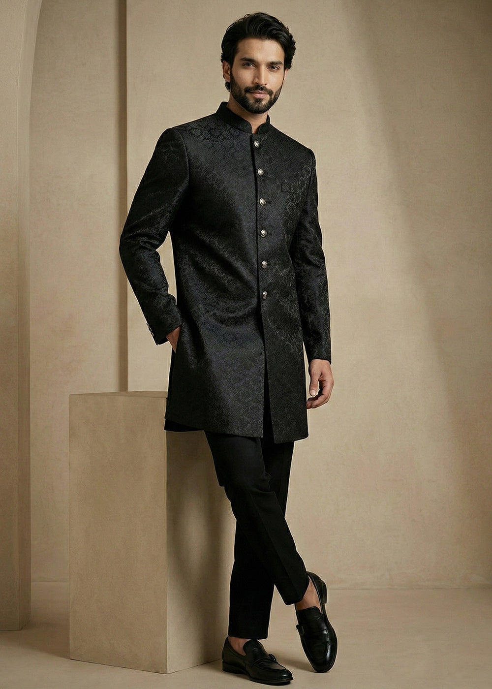 Black Donier Jacquard Men's Indo-Western Suit with Trousers