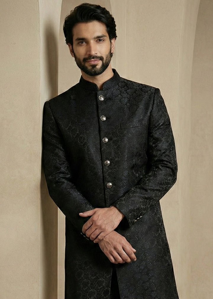 Black Donier Jacquard Men's Indo-Western Suit with Trousers