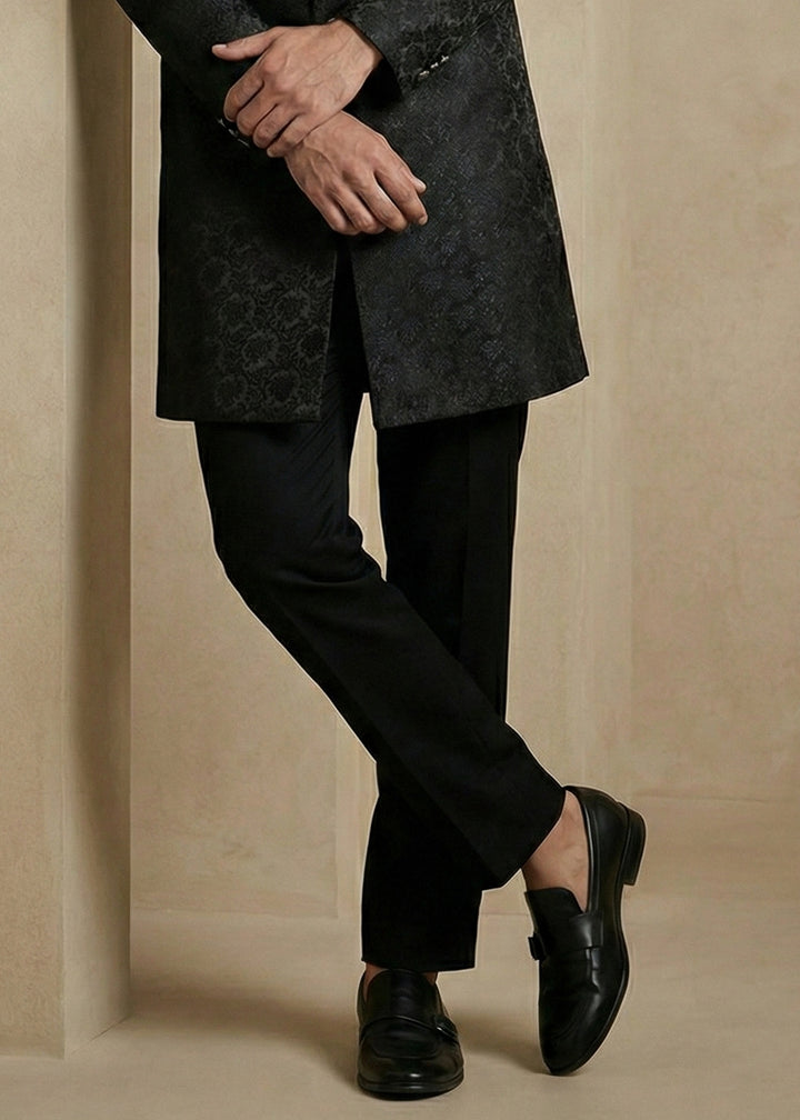 Black Donier Jacquard Men's Indo-Western Suit with Trousers