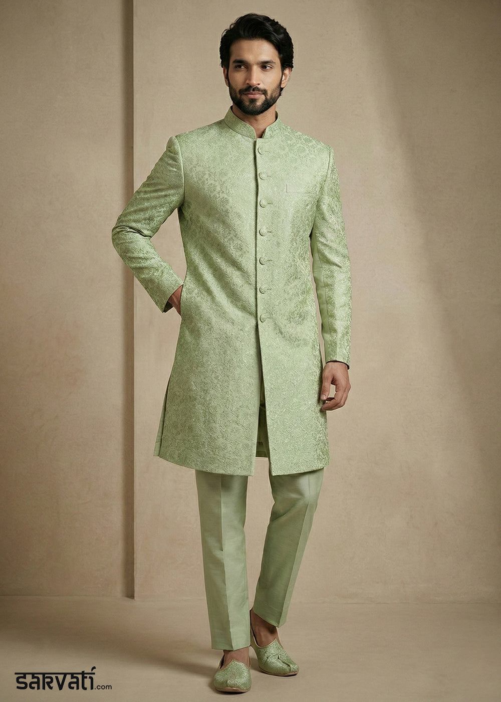 Olive Donier Jacquard Men's Indo-Western Suit with Trousers