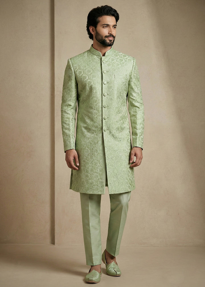 Olive Donier Jacquard Men's Indo-Western Suit with Trousers