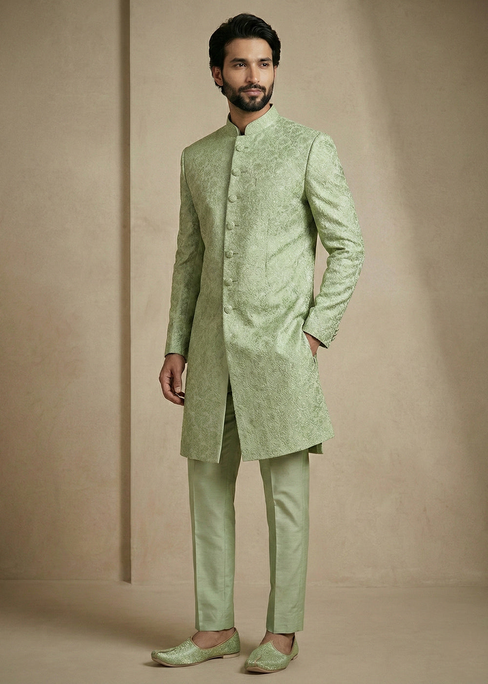 Olive Donier Jacquard Men's Indo-Western Suit with Trousers