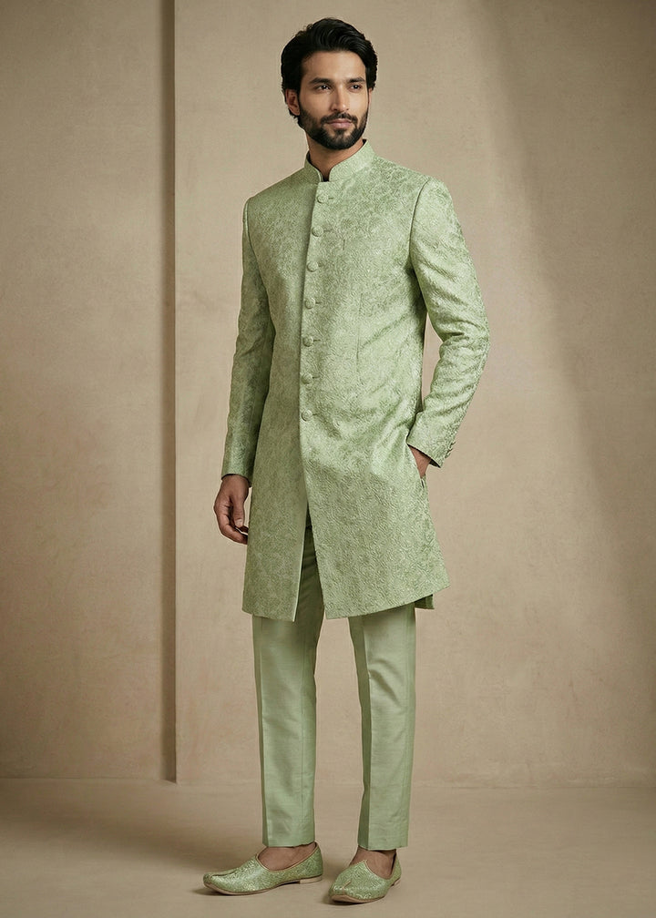 Olive Donier Jacquard Men's Indo-Western Suit with Trousers