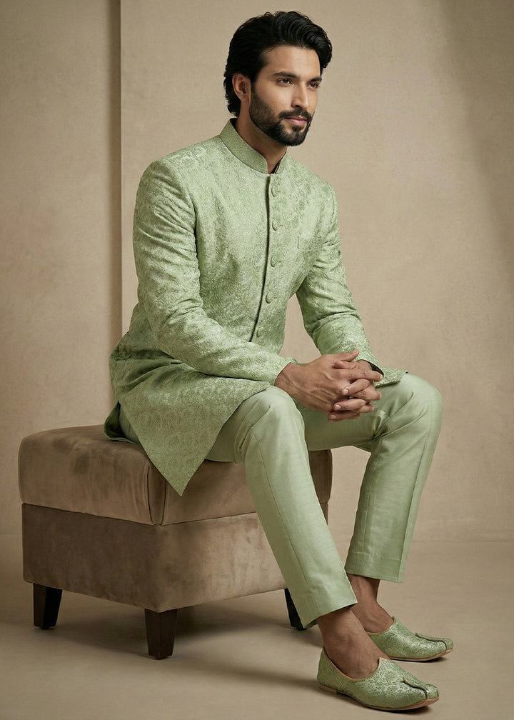 Olive Donier Jacquard Men's Indo-Western Suit with Trousers