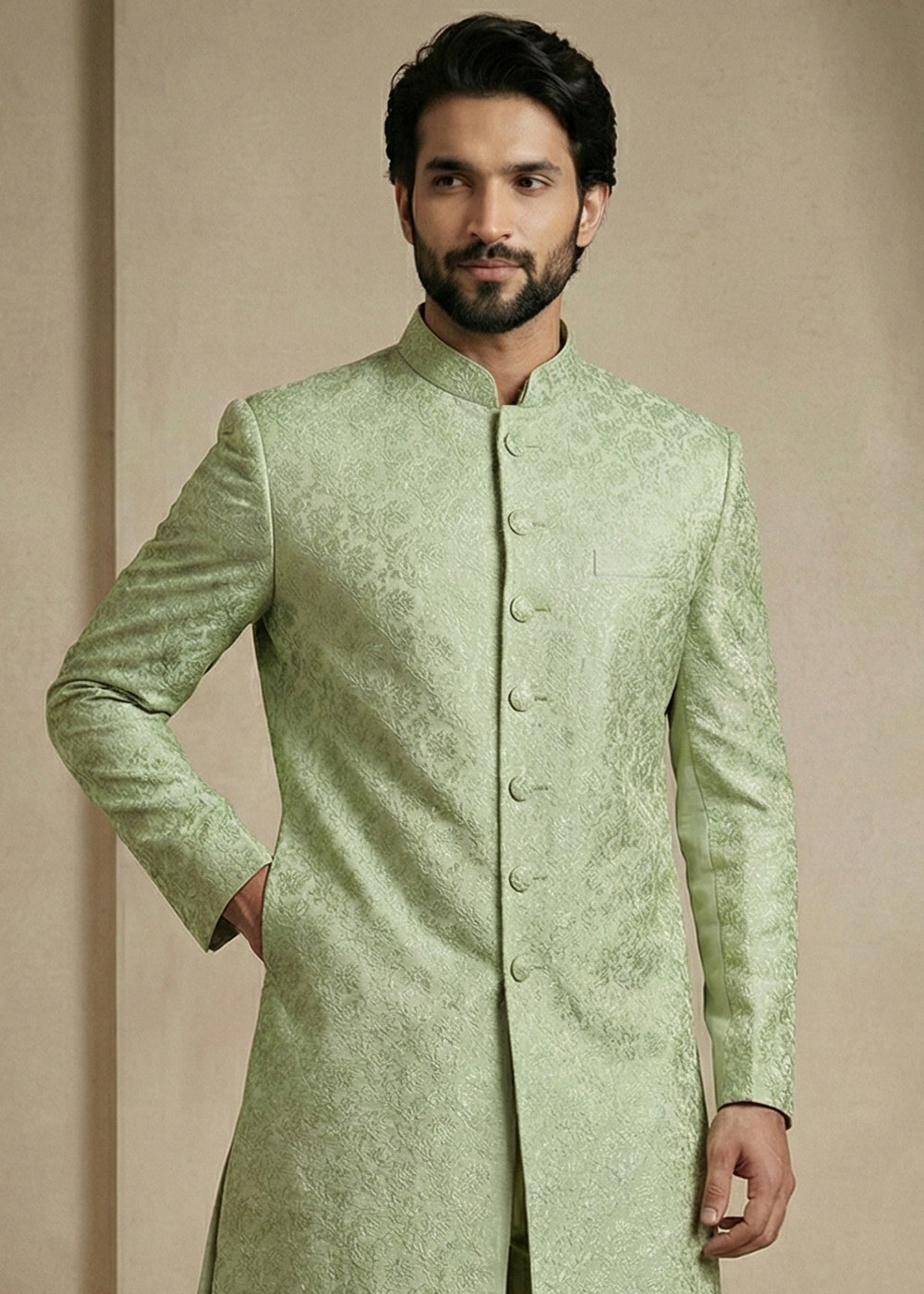 Olive Donier Jacquard Men's Indo-Western Suit with Trousers