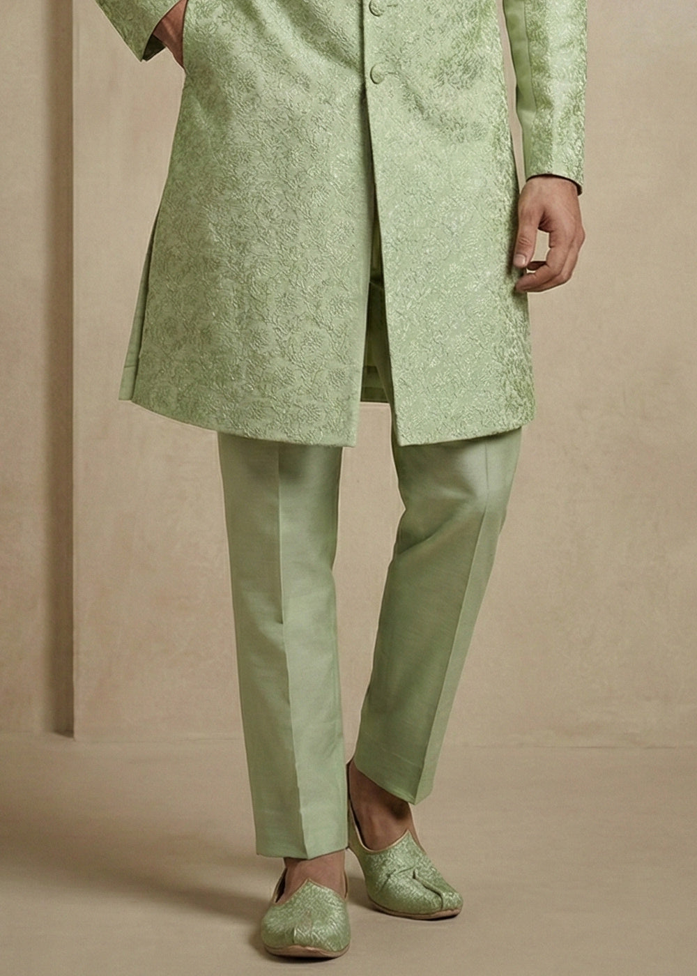 Olive Donier Jacquard Men's Indo-Western Suit with Trousers