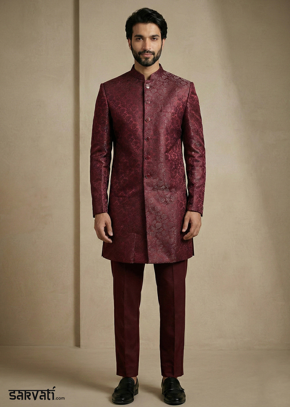 Dark Maroon Donier Jacquard Men's Indo-Western Suit with Trousers