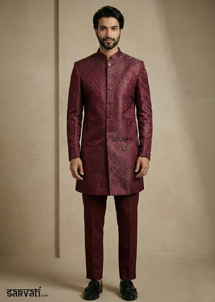 Dark Maroon Donier Jacquard Men's Indo-Western Suit with Trousers