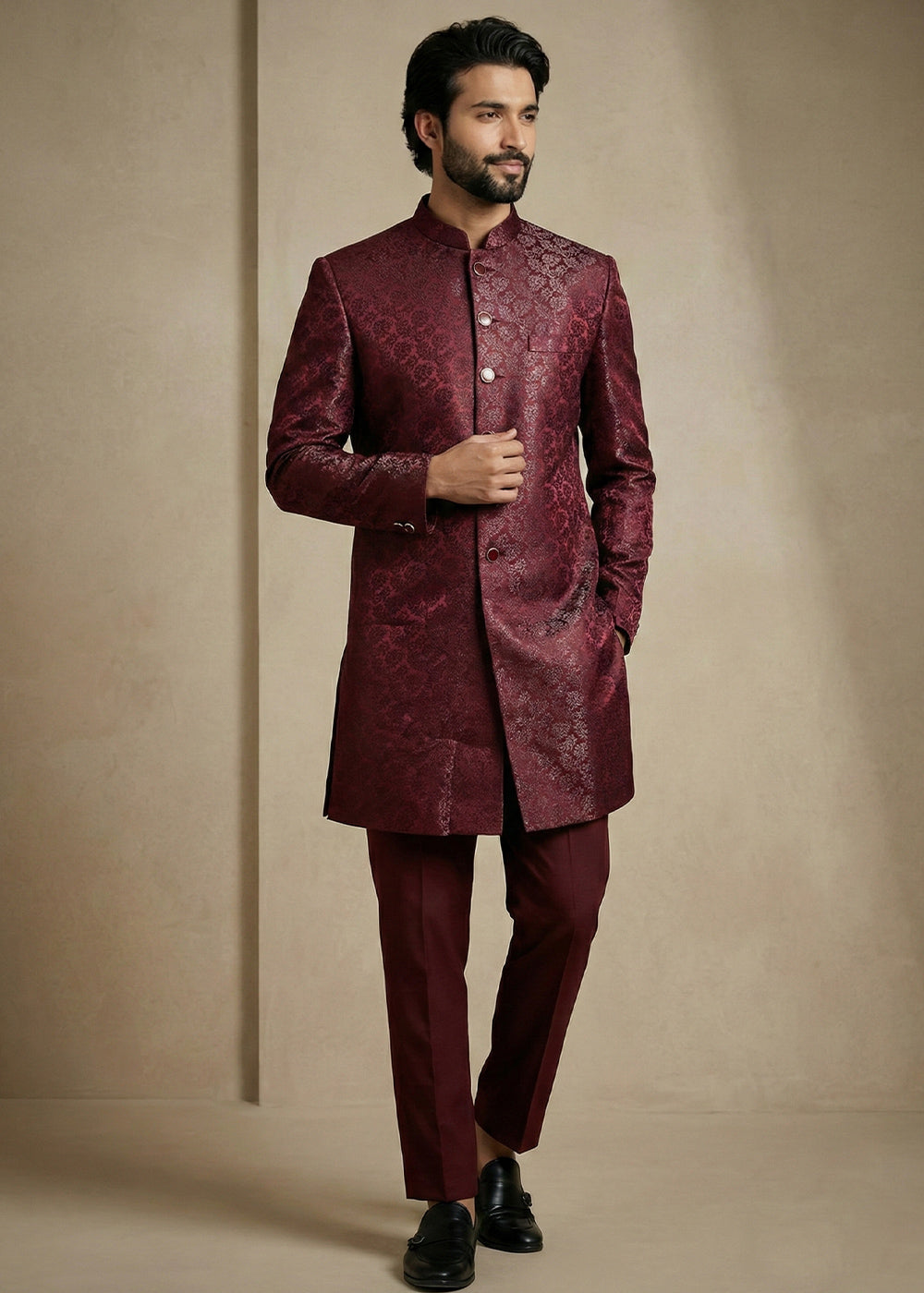 Dark Maroon Donier Jacquard Men's Indo-Western Suit with Trousers