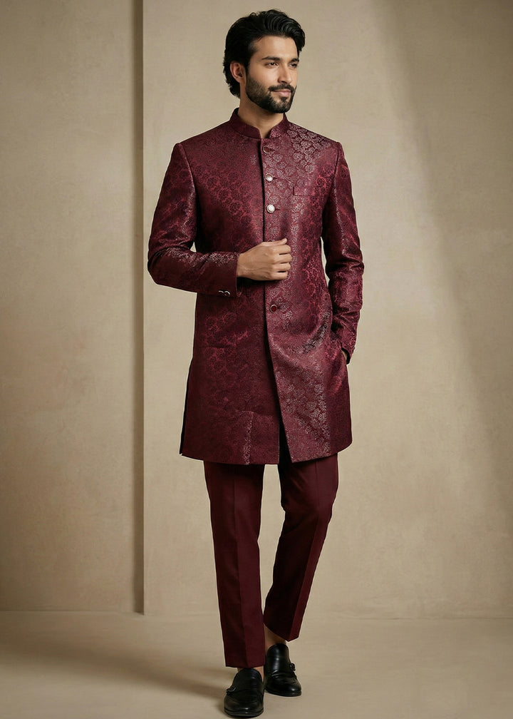 Dark Maroon Donier Jacquard Men's Indo-Western Suit with Trousers