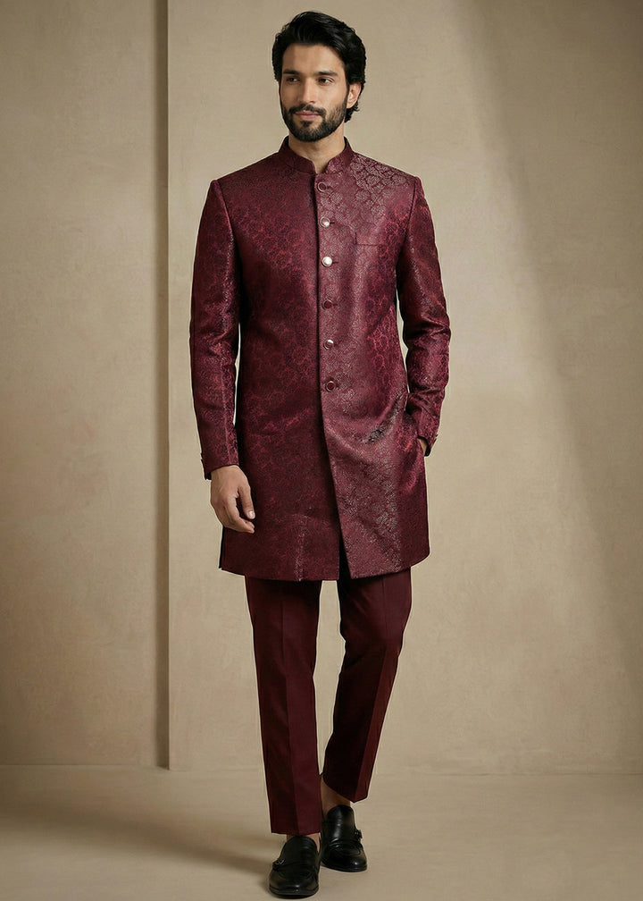 Dark Maroon Donier Jacquard Men's Indo-Western Suit with Trousers