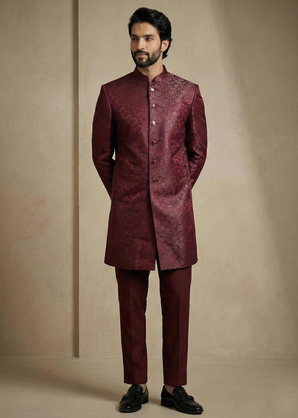 Dark Maroon Donier Jacquard Men's Indo-Western Suit with Trousers