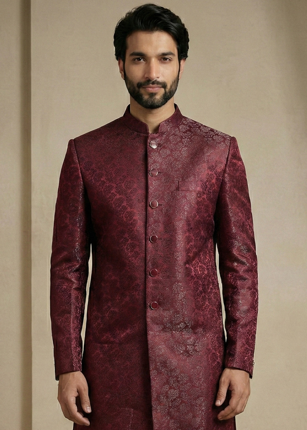 Dark Maroon Donier Jacquard Men's Indo-Western Suit with Trousers