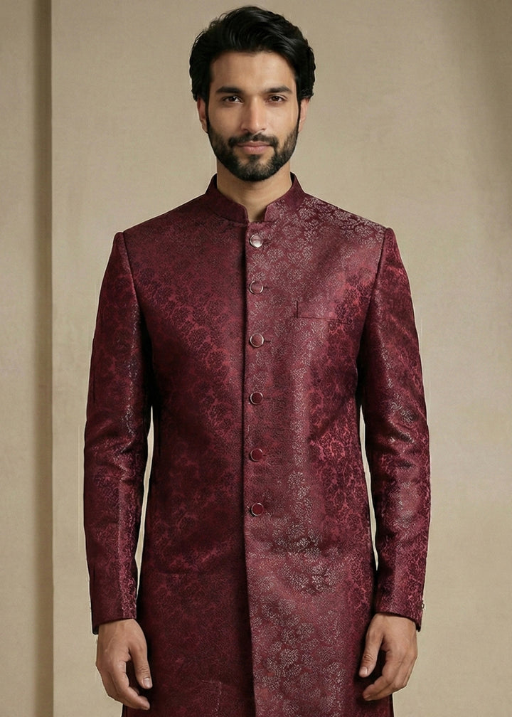 Dark Maroon Donier Jacquard Men's Indo-Western Suit with Trousers