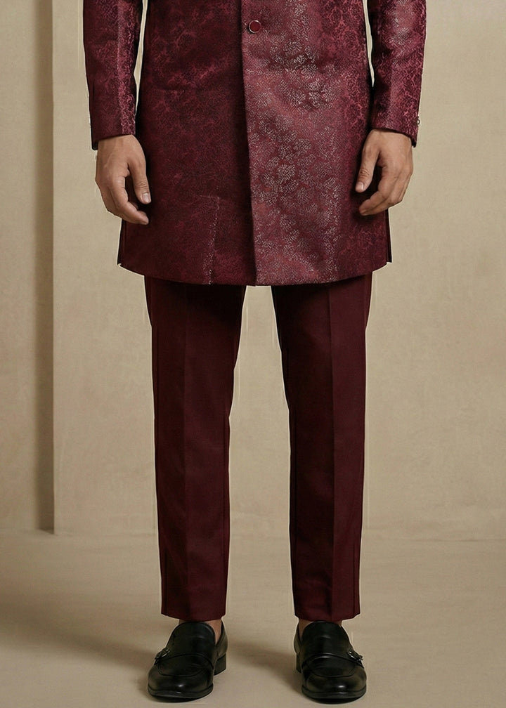 Dark Maroon Donier Jacquard Men's Indo-Western Suit with Trousers