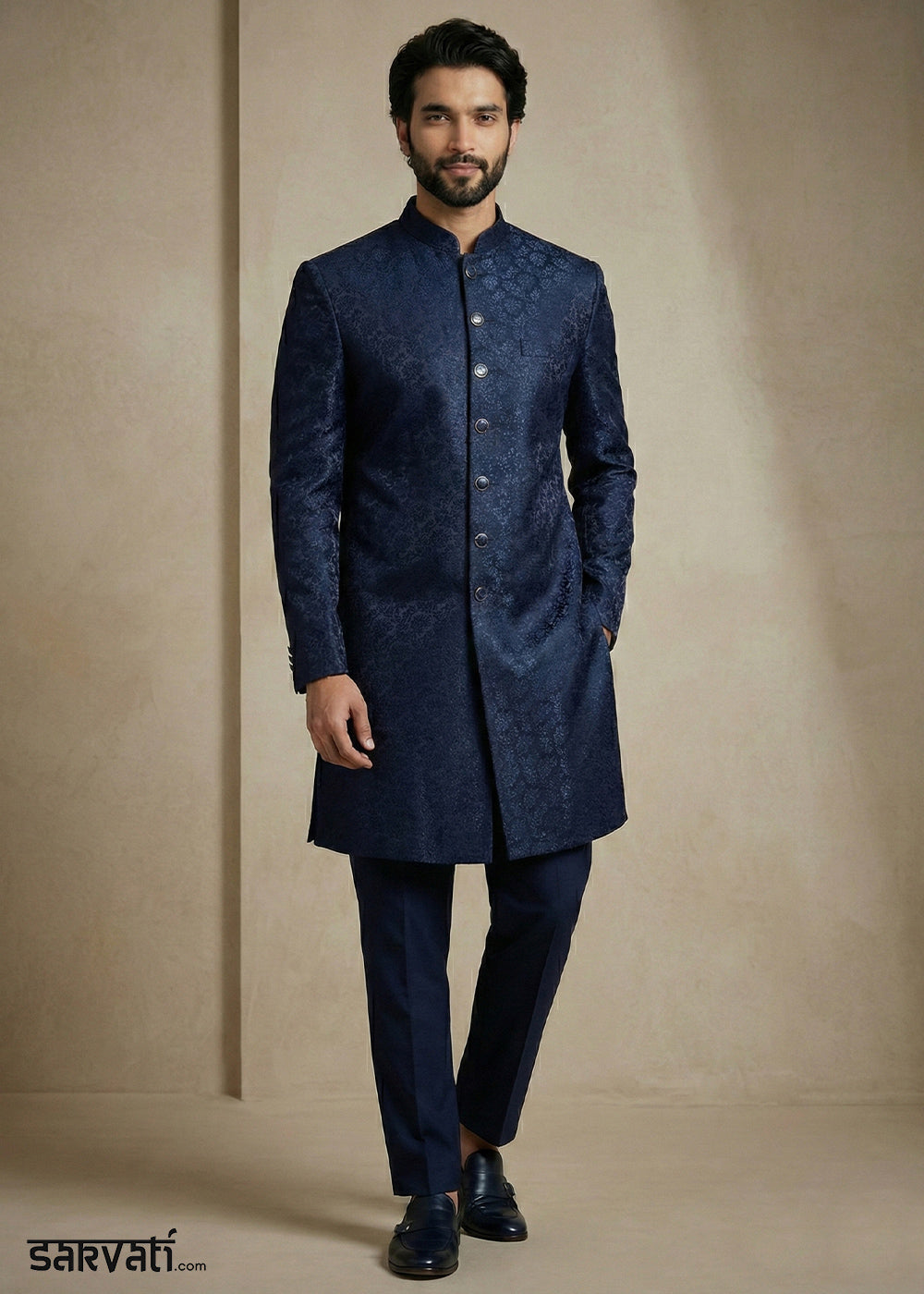 Navy Blue Donier Jacquard Men's Indo-Western Suit with Trousers