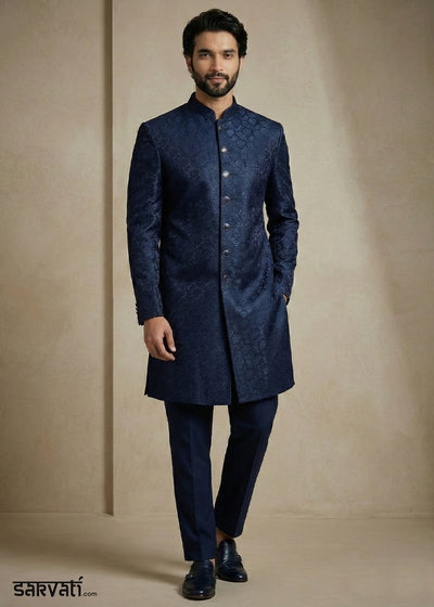 Navy Blue Donier Jacquard Men's Indo-Western Suit with Trousers