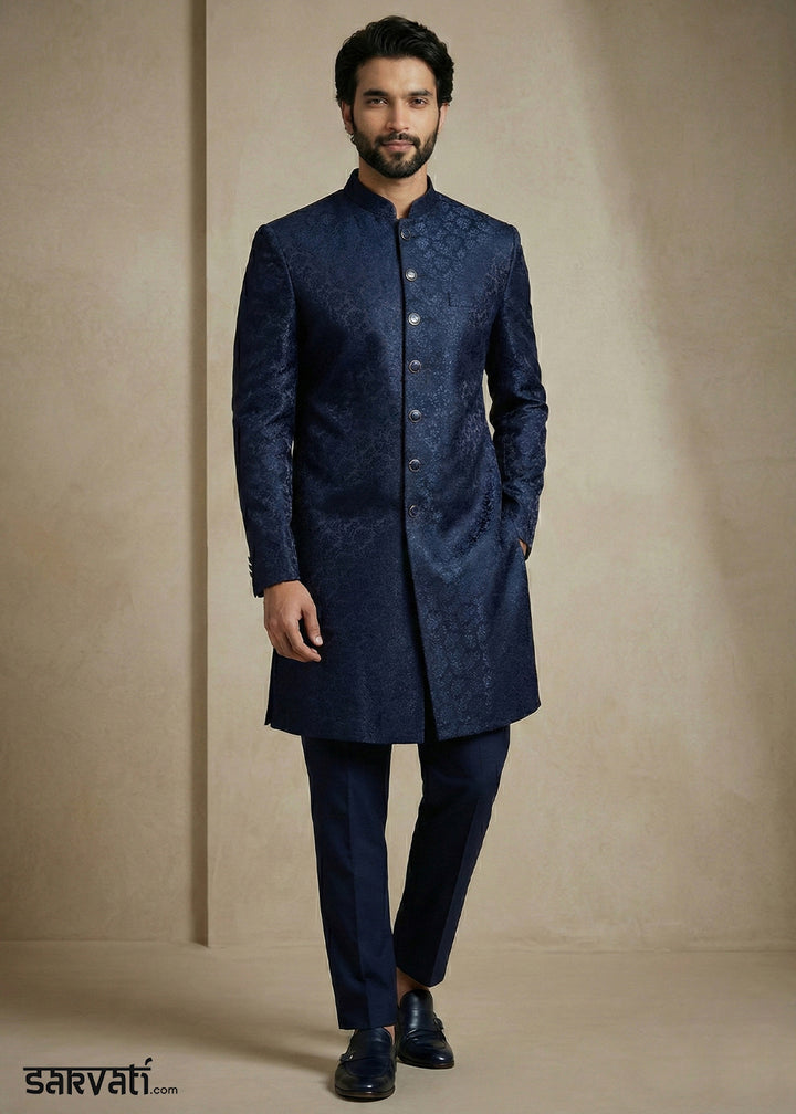 Navy Blue Donier Jacquard Men's Indo-Western Suit with Trousers